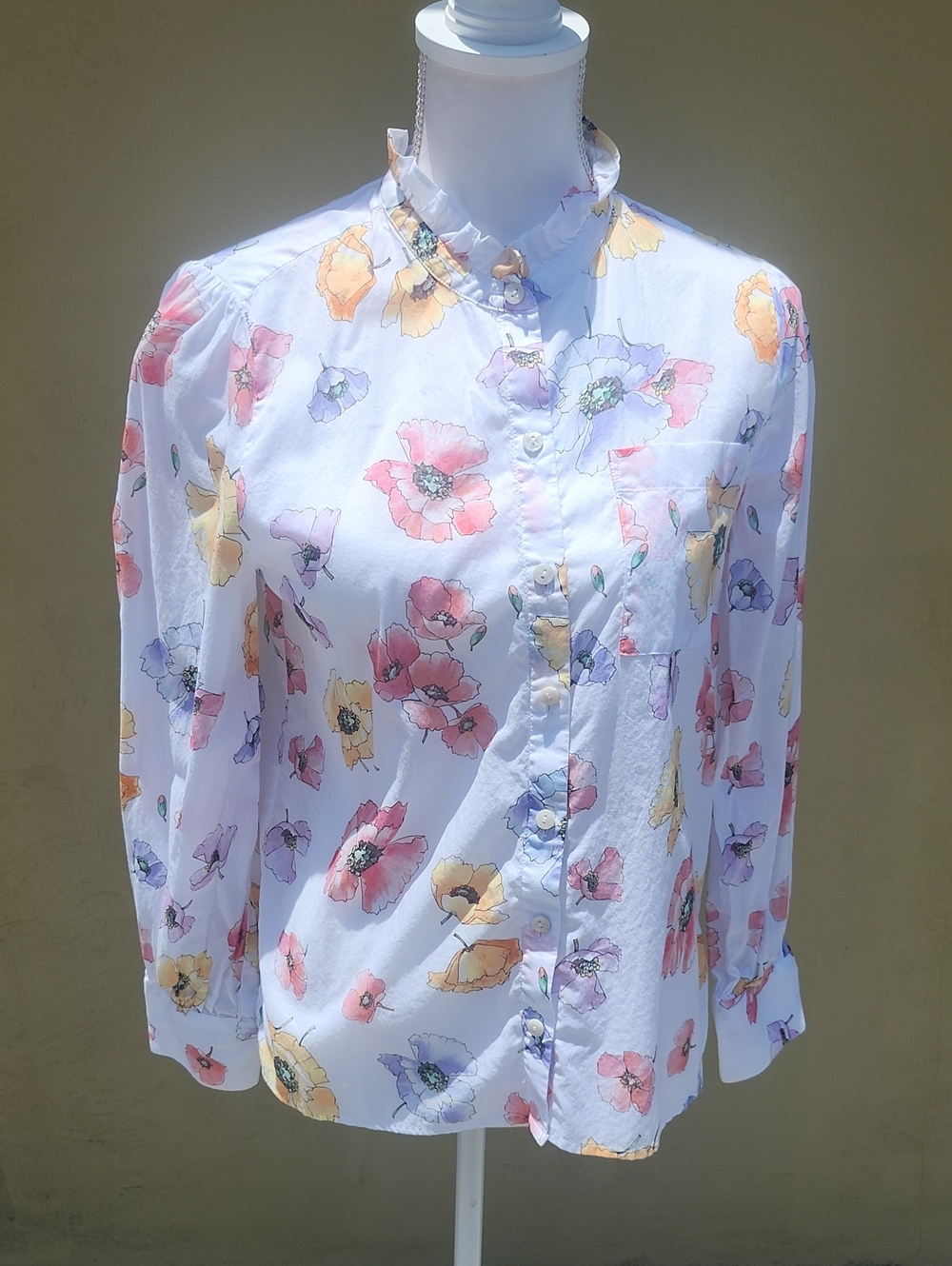 Chico's White Button-Down Shirt with Pink, Yellow & Purple Floral Print